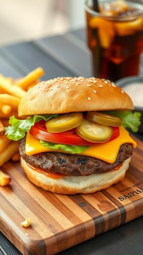 A classic 90s hamburger with beef patty, cheese, lettuce, tomato, and pickles on a sesame seed bun, served with fries.